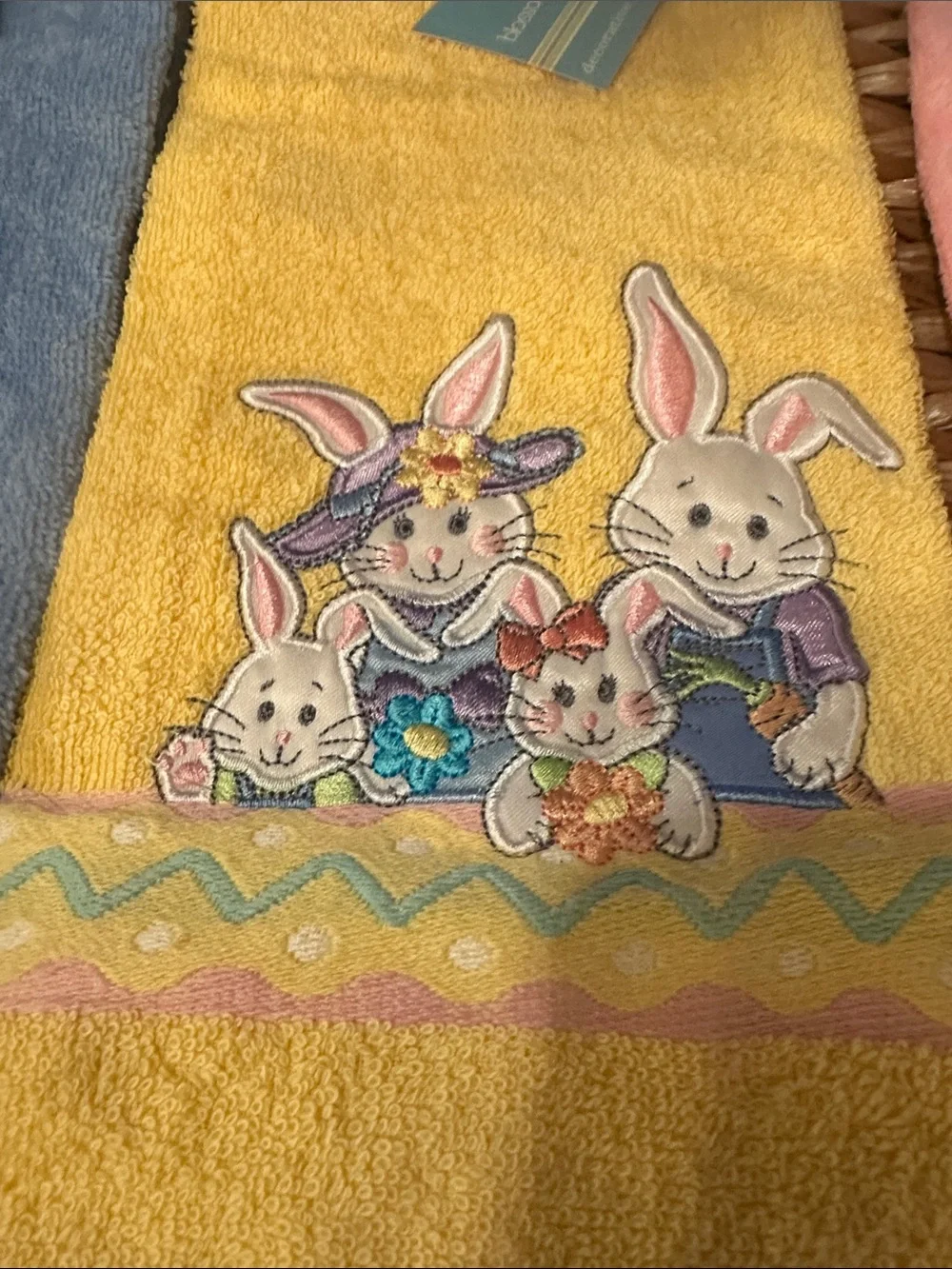 Easter Bunny Embroidered Kitchen Towels - Pastel Blue, Yellow, Pink - Unbranded
